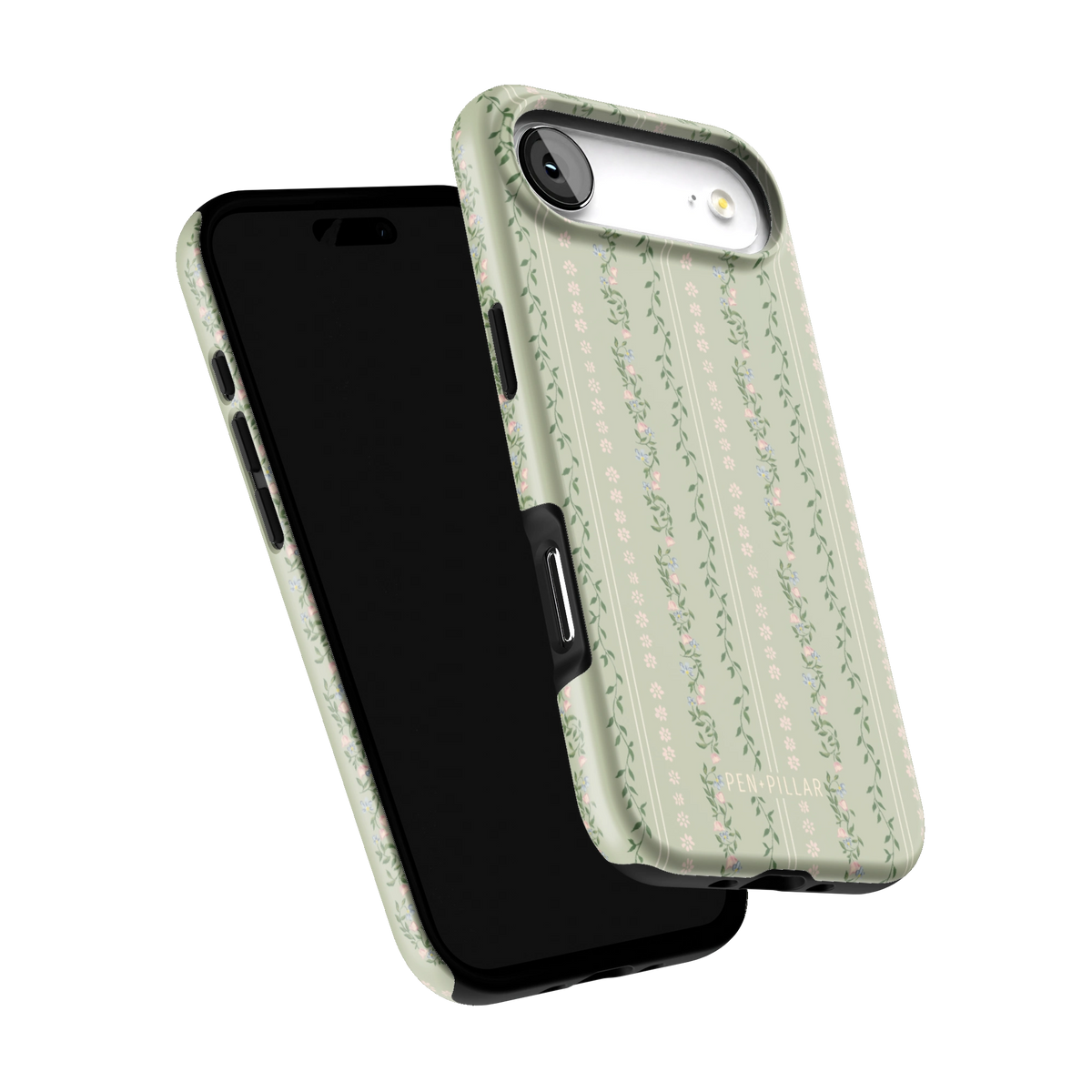 Camellia iPhone 17 Air case tilted to show the raised edges around the screen and camera