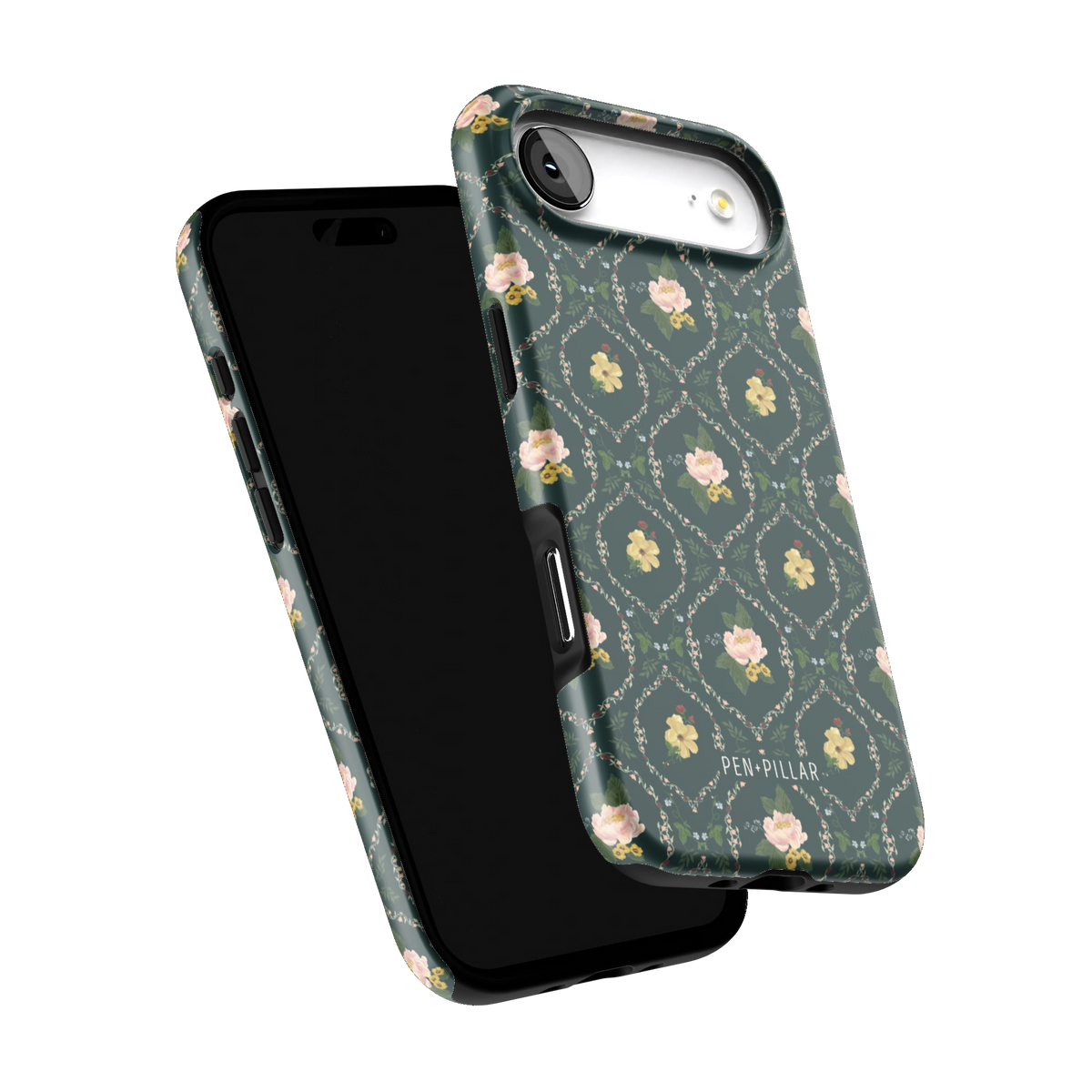 Meadow iPhone 17 Air case tilted to show the raised edges around the screen and camera