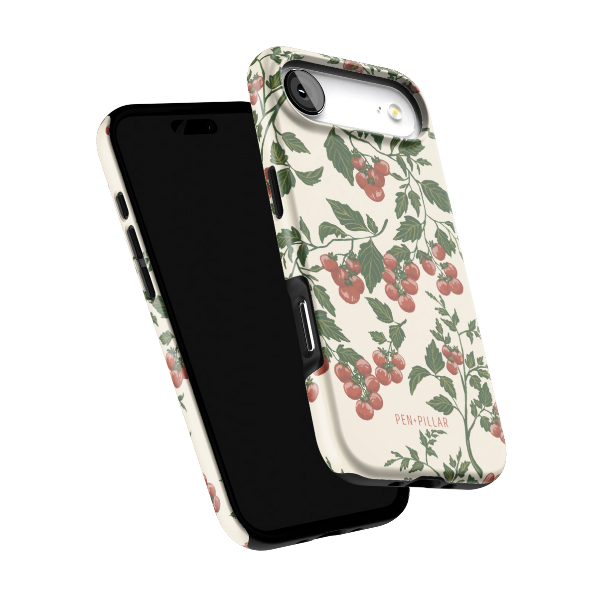 Tomato Vines iPhone 17 Air case tilted to show the raised edges around the screen and camera