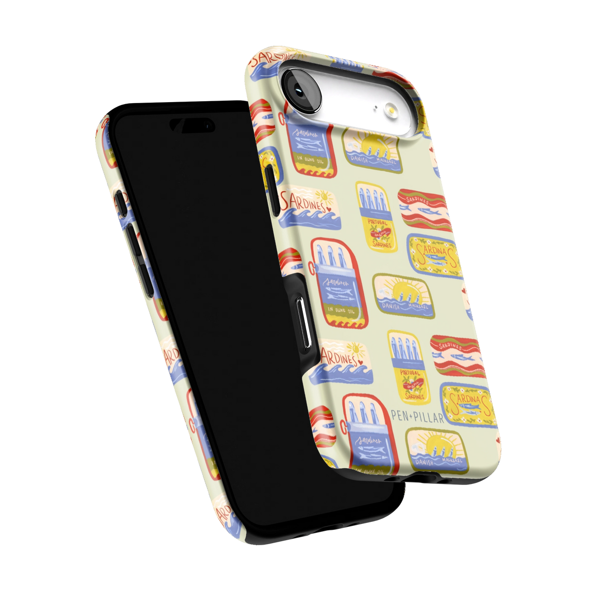 Sardines iPhone 17 Air case tilted to show the raised edges around the screen and camera