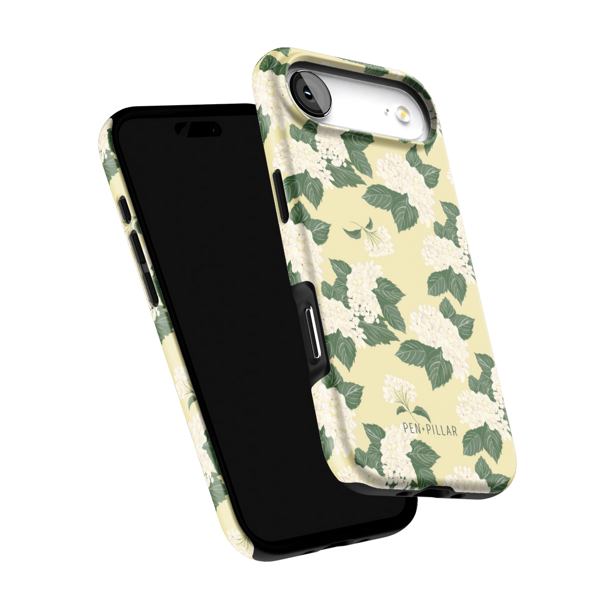 Hydrangea iPhone 17 Air case tilted to show the raised edges around the screen and camera