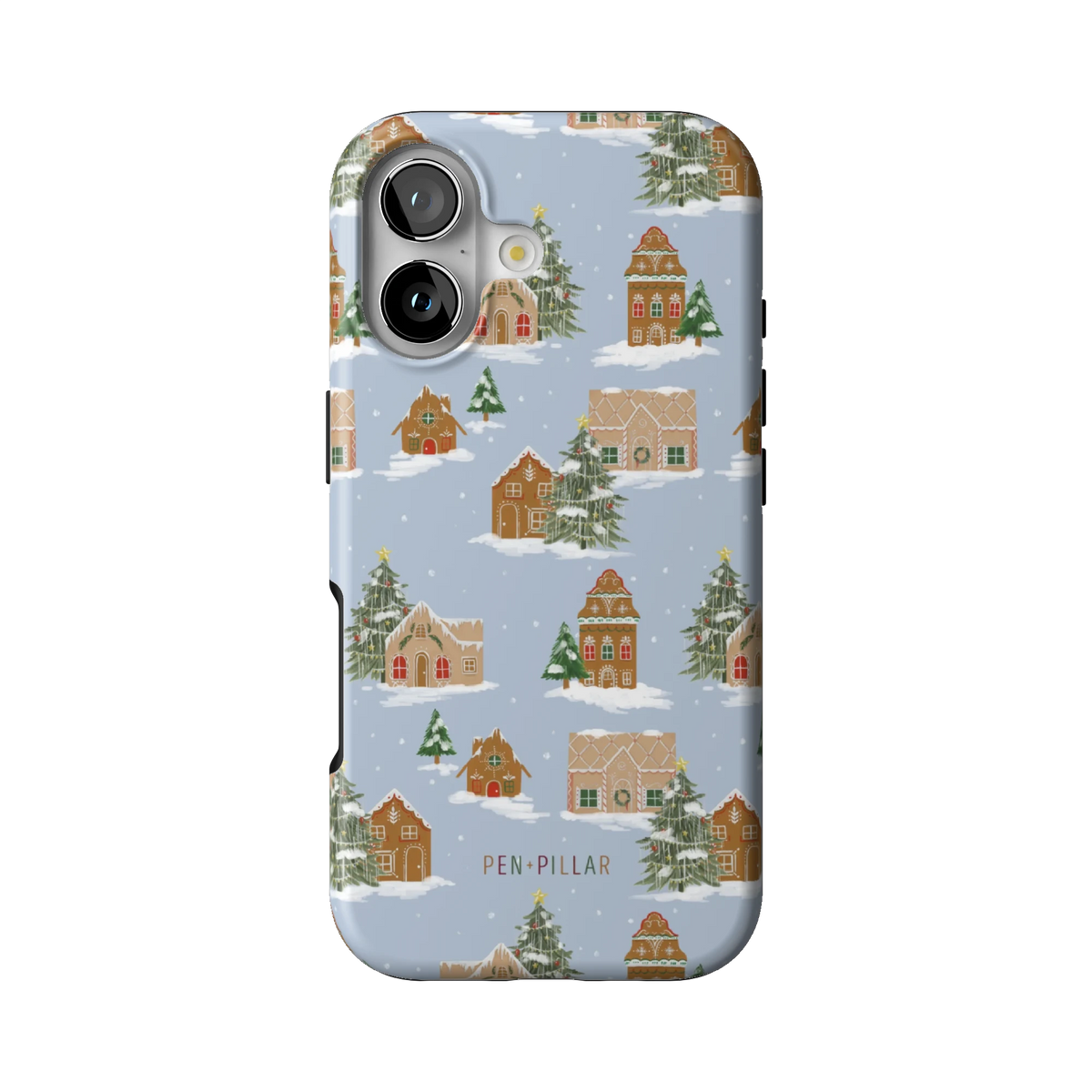 Gingerbread Village case on iPhone 17, back view: gingerbread houses and snowy evergreens on pale blue