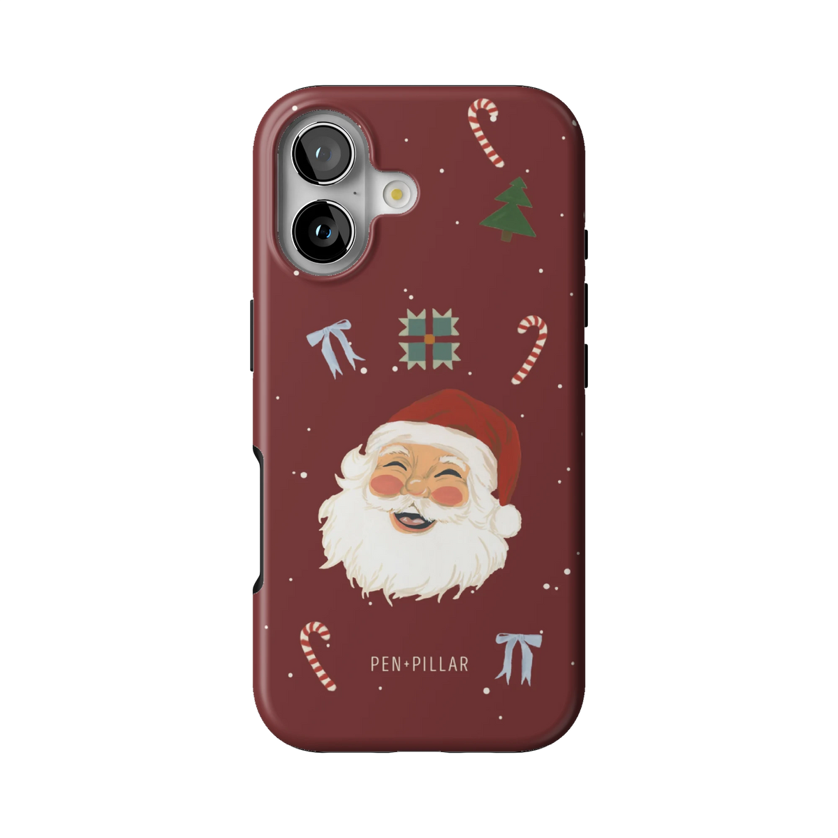 Santa case on iPhone 17, back view: a laughing Santa with candy canes on deep red