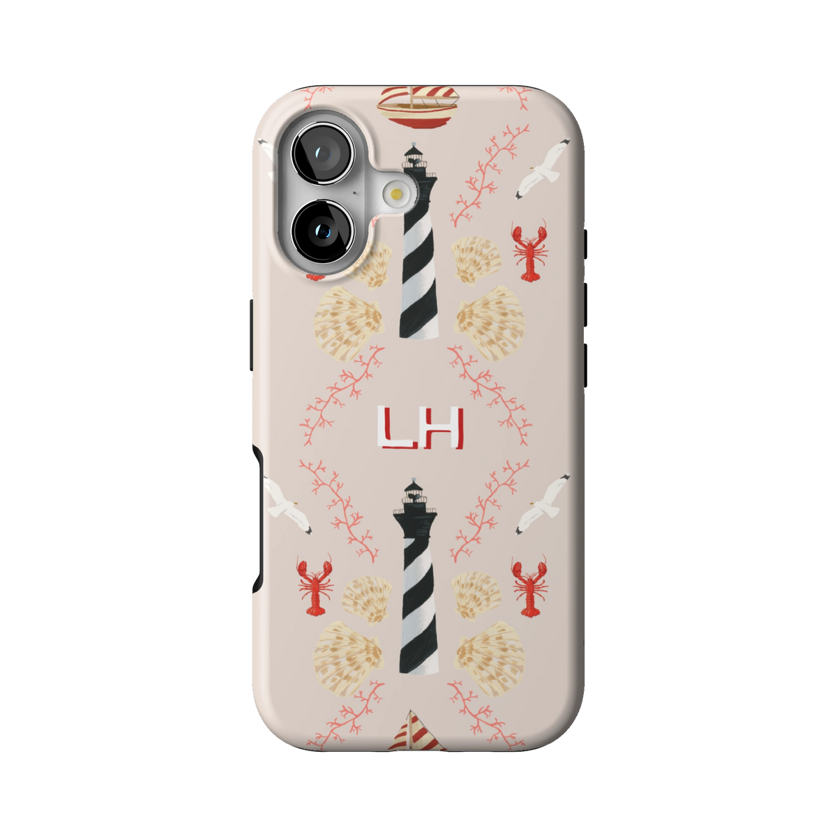 Lighthouse Personalized case on iPhone 17, back view: striped lighthouses, lobsters and seashells on blush with the initials LH