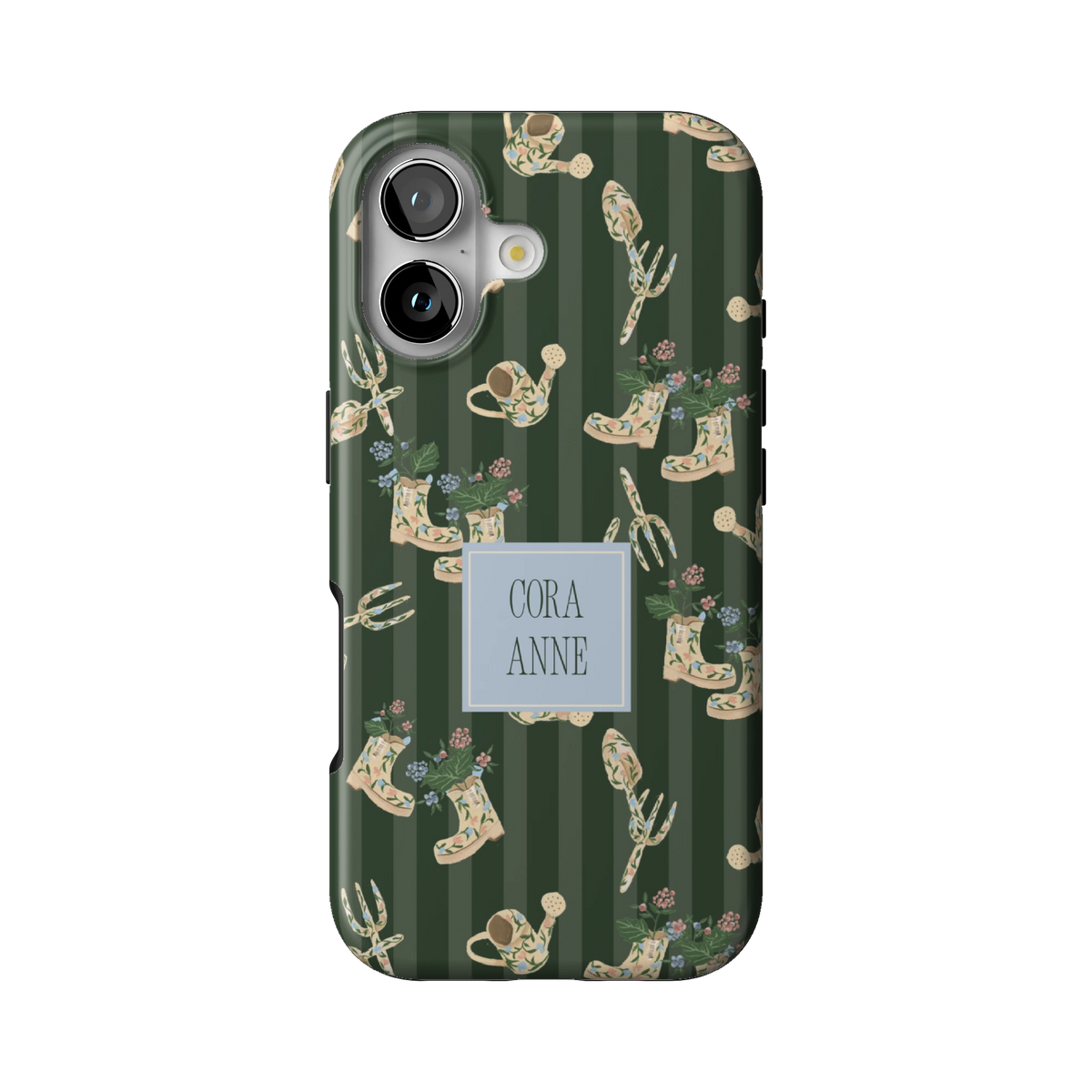 In the Garden Personalized case on iPhone 17, back view: garden boots, tools and florals on forest green stripes with the name Cora Anne
