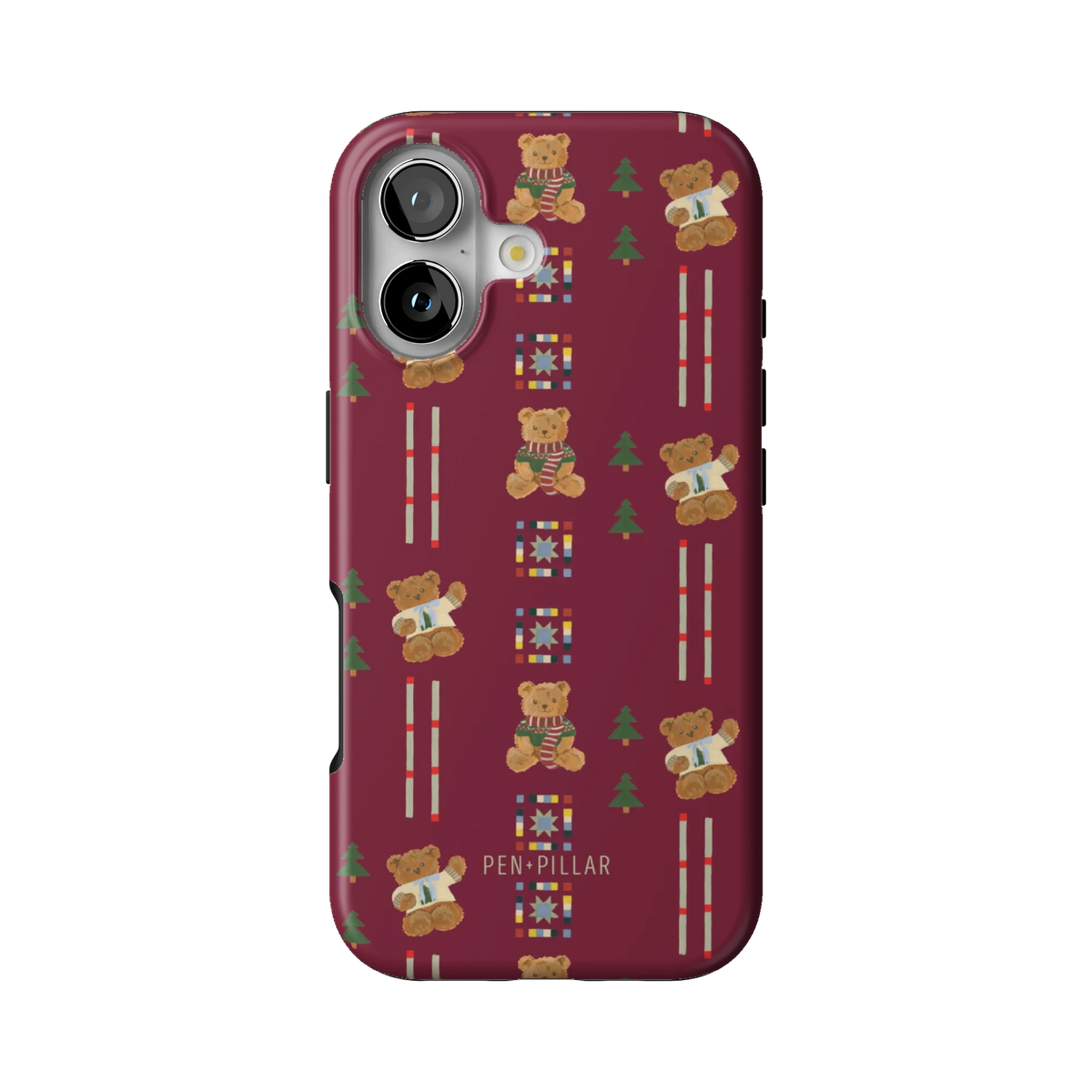 Teddy case on iPhone 17, back view: teddy bears in scarves and small pine trees on cranberry red