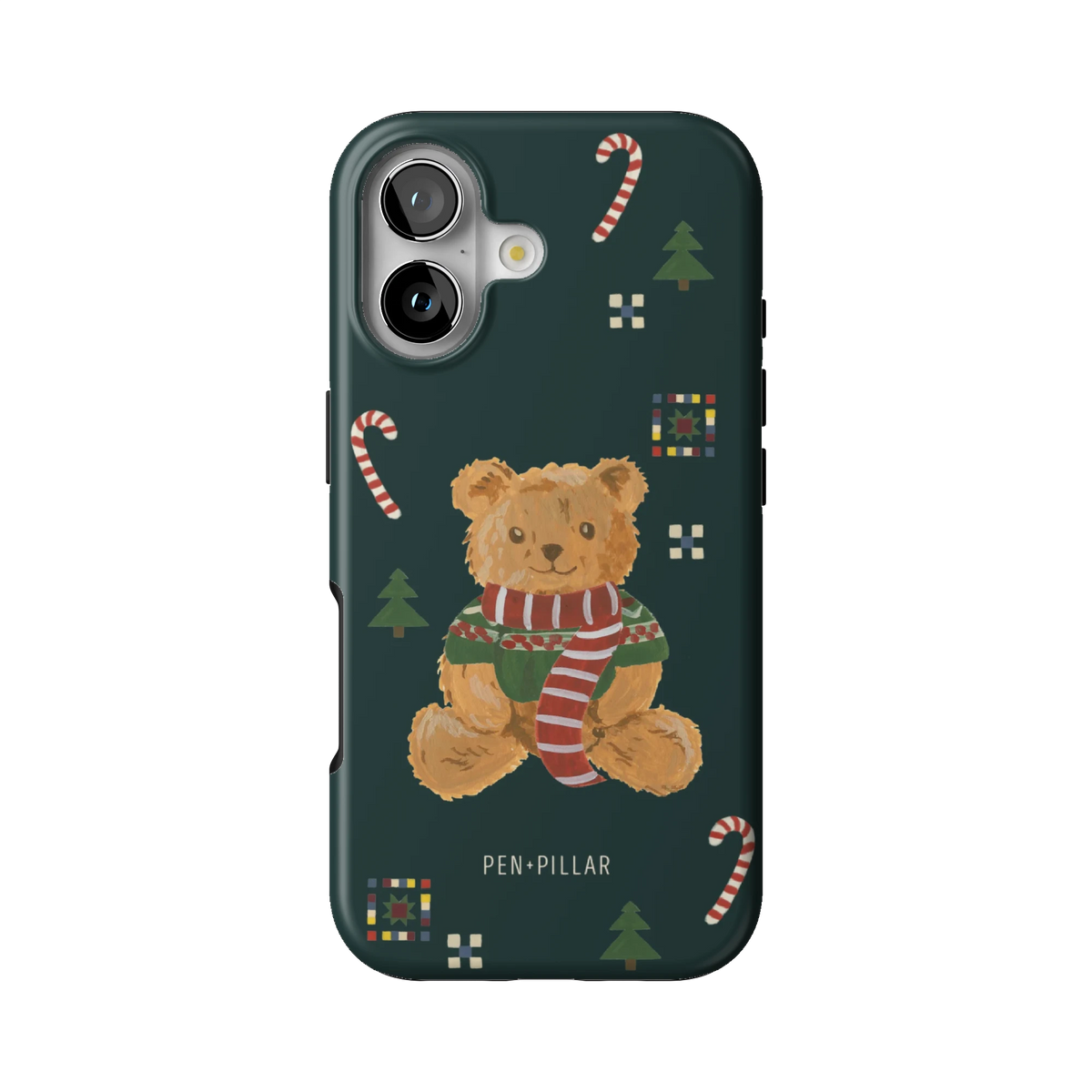 Teddy Bear case on iPhone 17, back view: a teddy bear in a striped scarf with candy canes on deep green