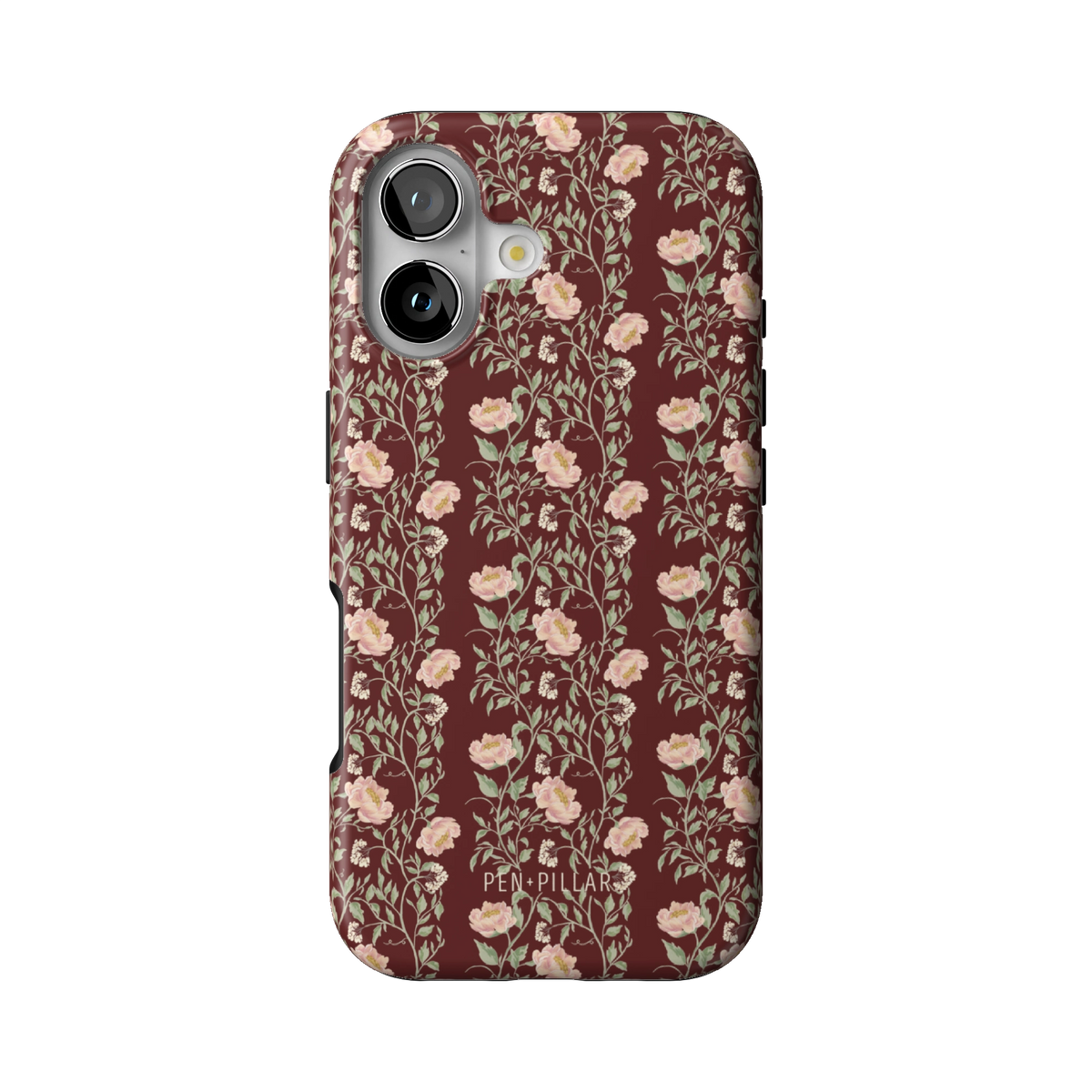 Thicket case on iPhone 17, back view: dense blush and cream florals on deep burgundy