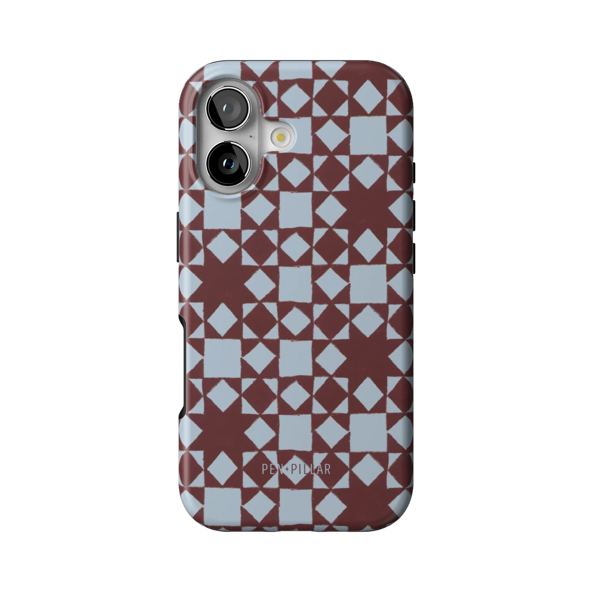Homespun case on iPhone 17, back view: burgundy and pale blue quilt blocks