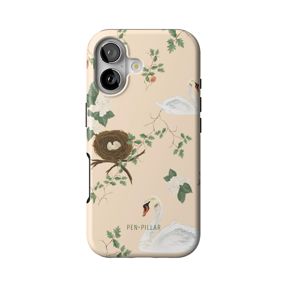 Swan Hollow case on iPhone 17, back view: swans, a bird's nest and trailing greenery on cream