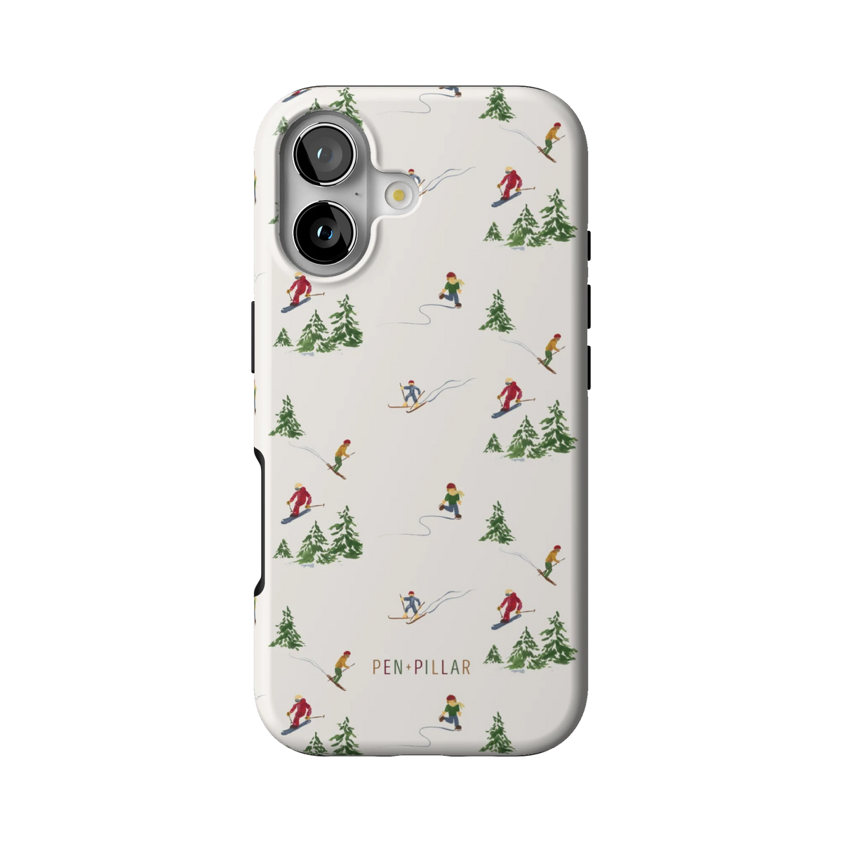 Slopes case on iPhone 17, back view: little skiers and snowy pine trees on cream
