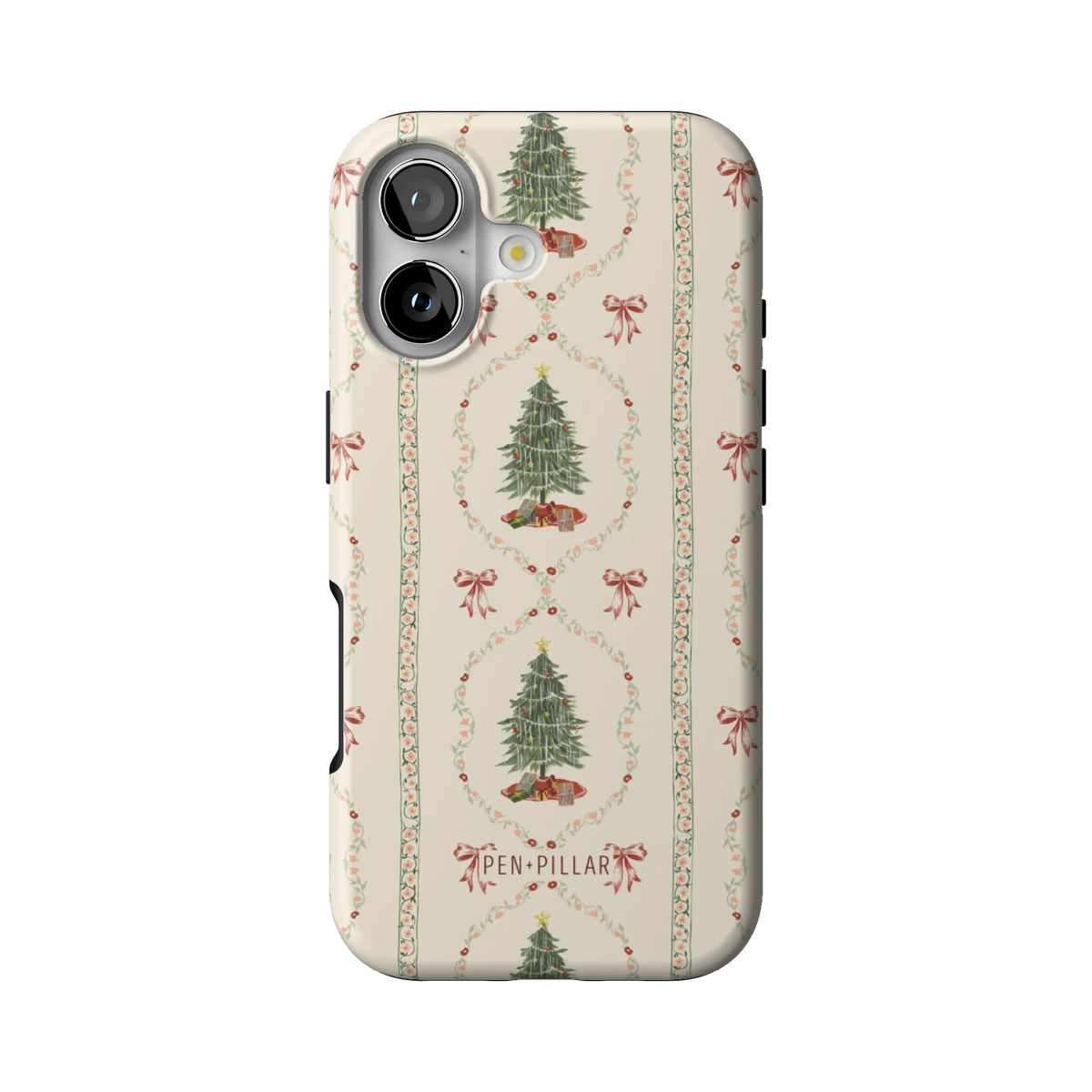 Yuletide case on iPhone 17, back view: Christmas trees framed by red ribbon garlands on cream