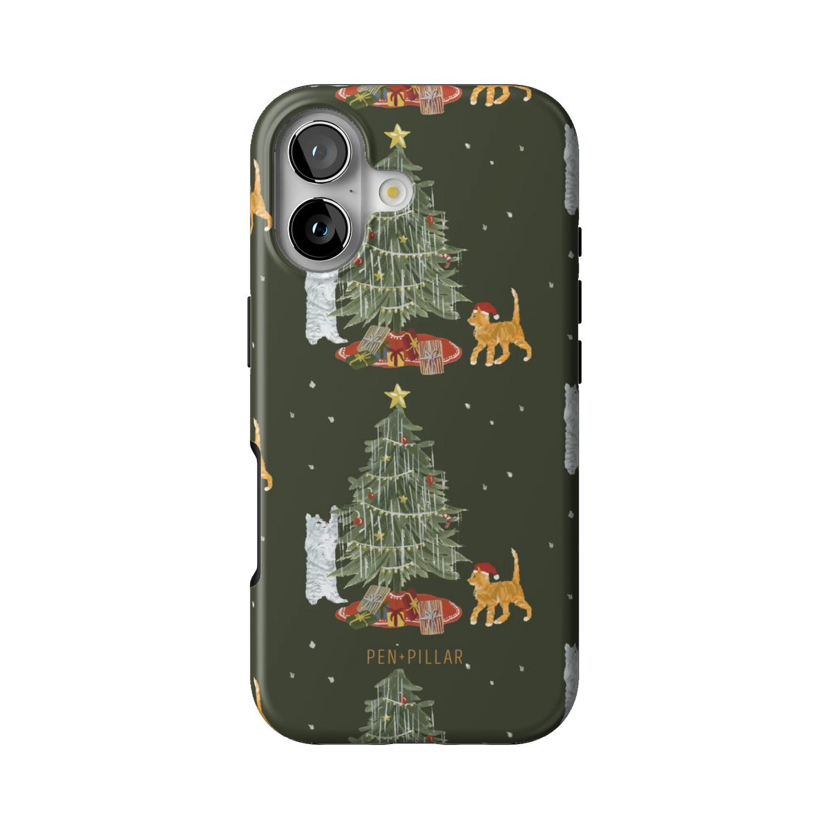 Festive Cats case on iPhone 17, back view: a Christmas tree, presents and playful cats on olive green