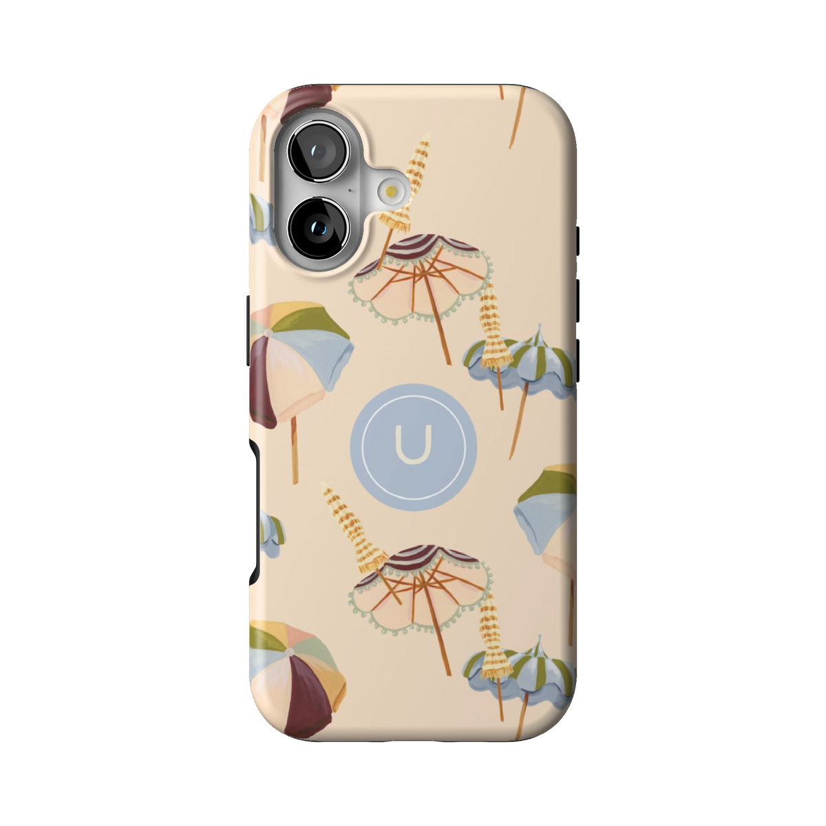 Umbrellas Personalized case on iPhone 17, back view: striped beach umbrellas and loungers on warm sand with the initial U