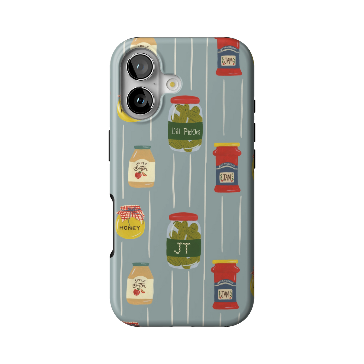 Preserves Personalized case on iPhone 17, back view: jars of honey, pickles and jam on slate blue stripes with the initials JT