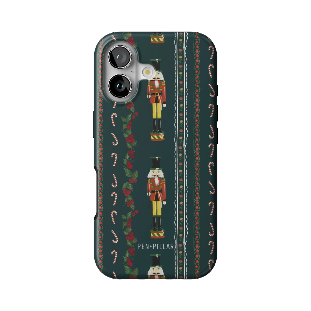 Nutcracker case on iPhone 17, back view: nutcrackers, candy canes and holly garlands on deep green