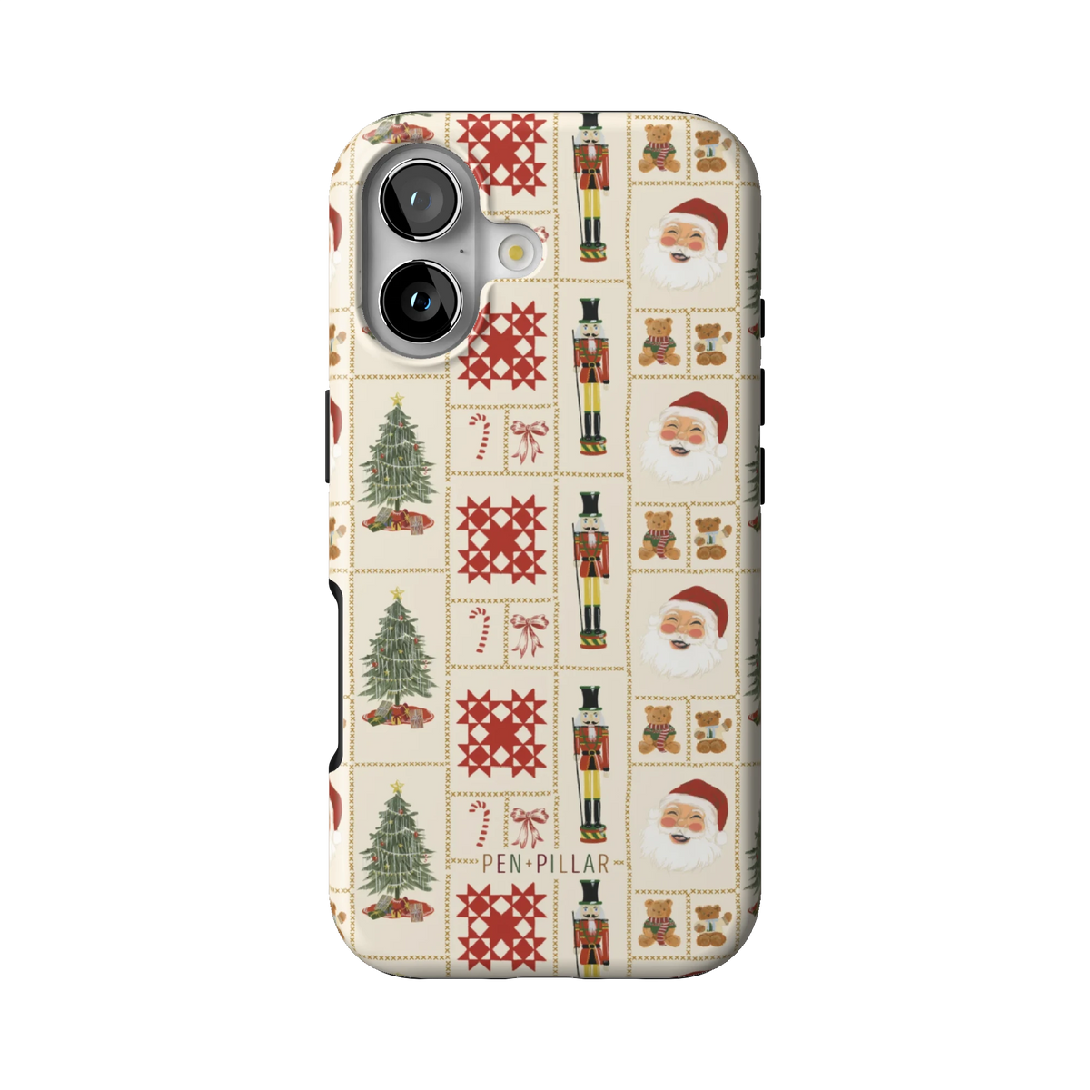 Holiday Sampler case on iPhone 17, back view: Christmas sampler squares with trees, Santas and nutcrackers