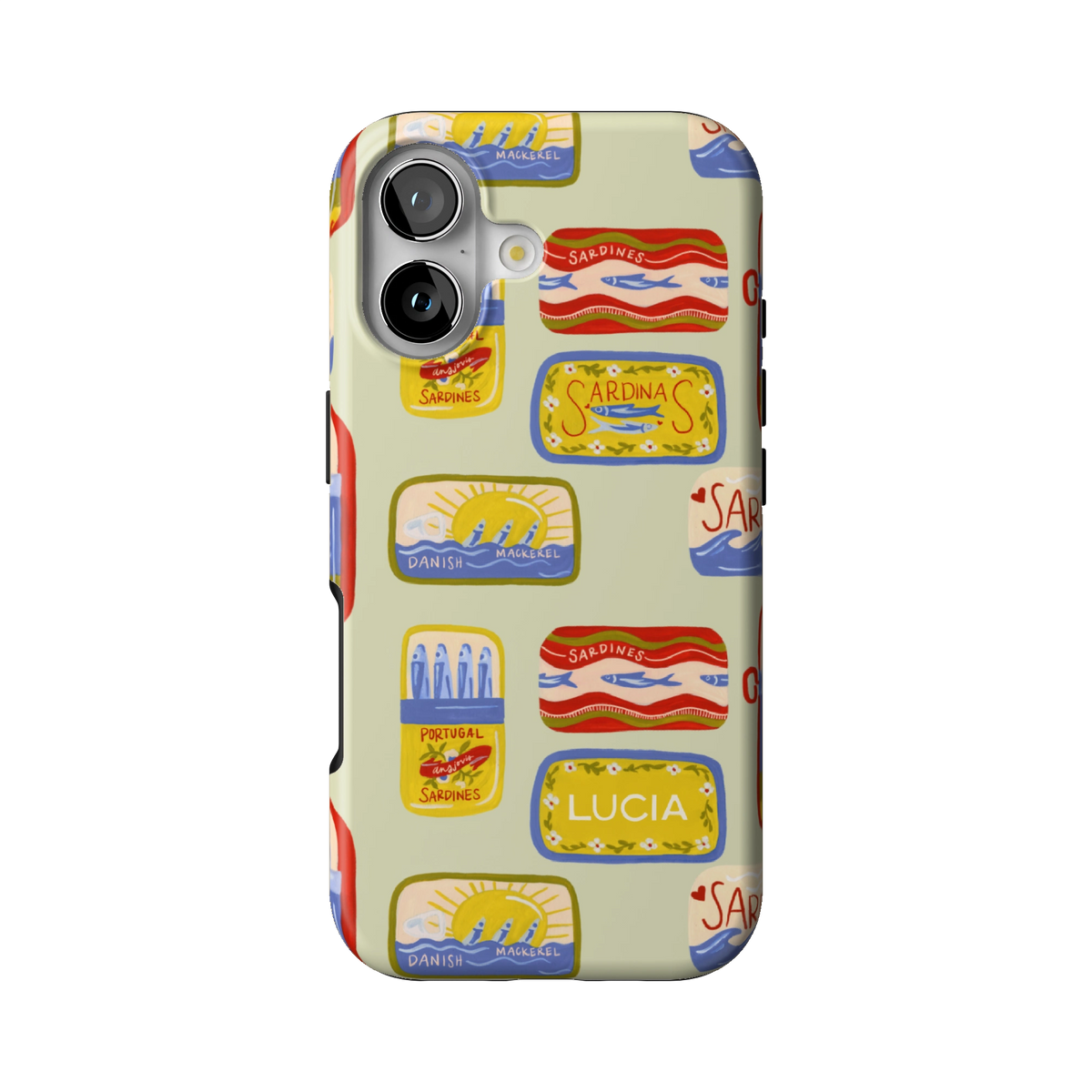 Sardines Personalized case on iPhone 17, back view: vintage sardine tins on pale sage with the name Lucia