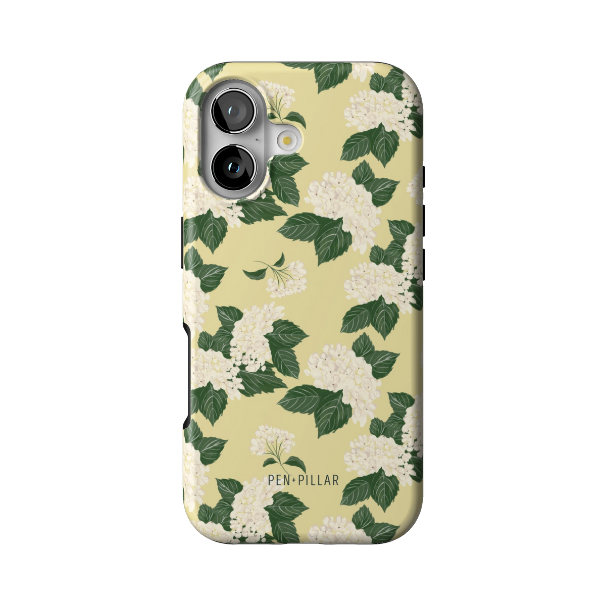Hydrangea case on iPhone 17, back view: white hydrangeas and green leaves on buttery yellow