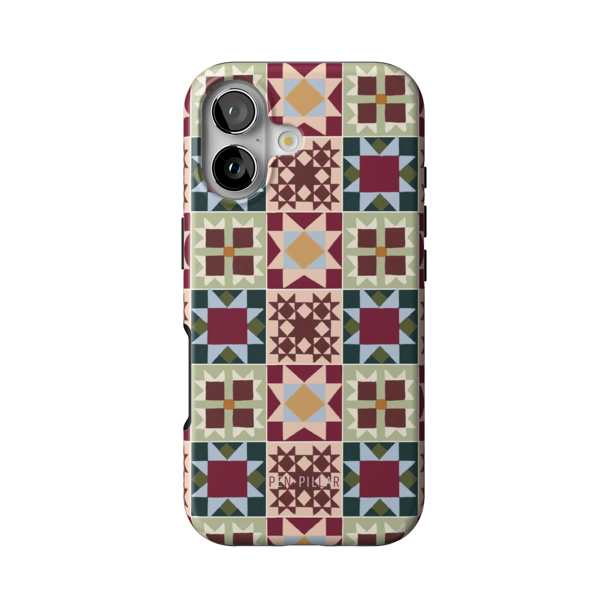 Sugarplum case on iPhone 17, back view: quilt blocks in burgundy, forest green, blush and gold