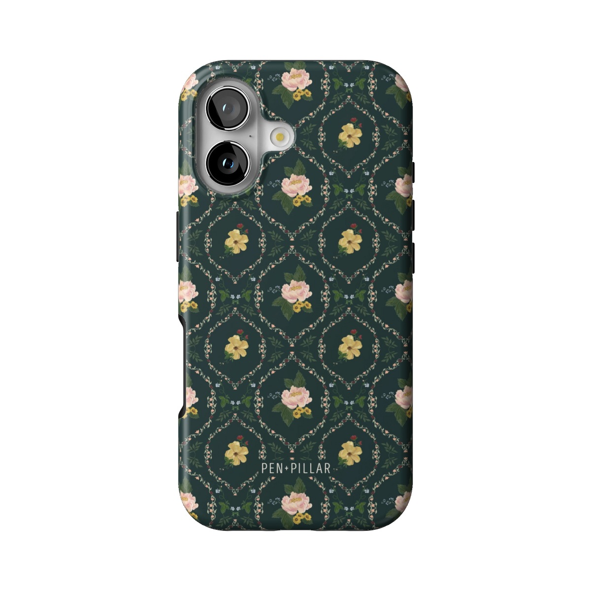 Meadow case on iPhone 17, back view: small yellow and pink flowers in a diamond trellis on deep green