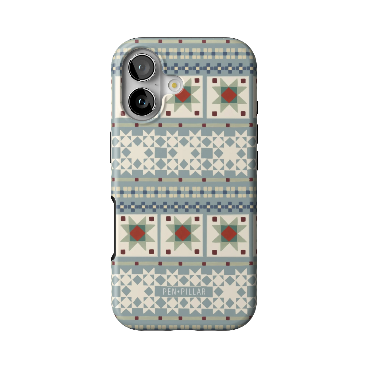 Winterberry case on iPhone 17, back view: pale blue Fair Isle bands with red and green quilt stars