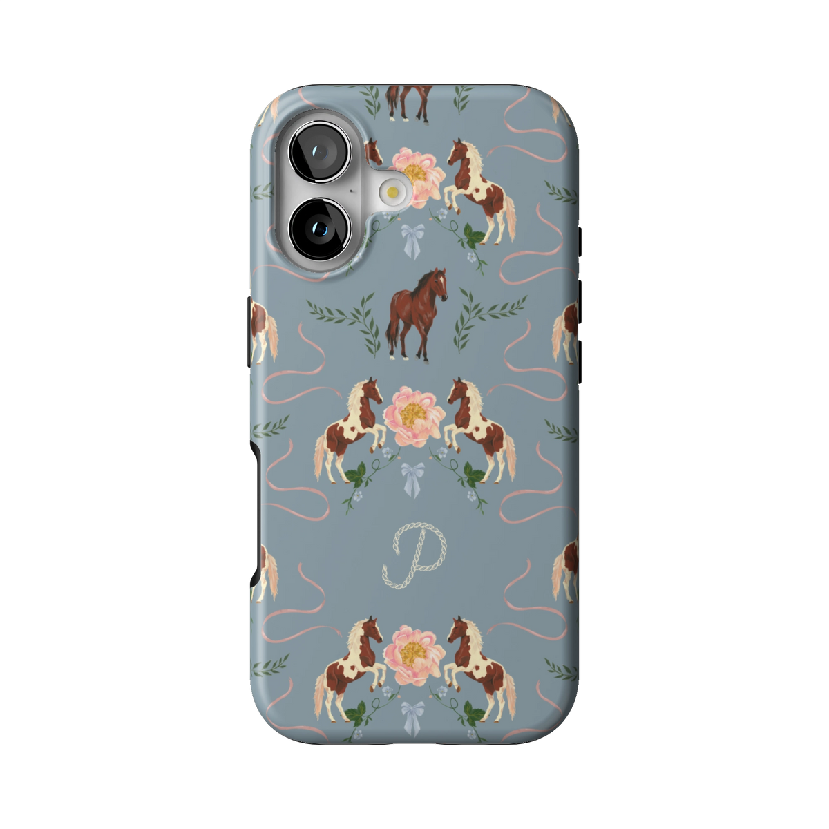 Prairie Personalized case on iPhone 17, back view: horses and blush florals on dusty blue with the initial P