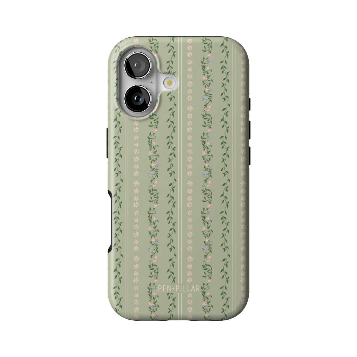 Camellia case on iPhone 17, back view: sage green with soft floral stripes