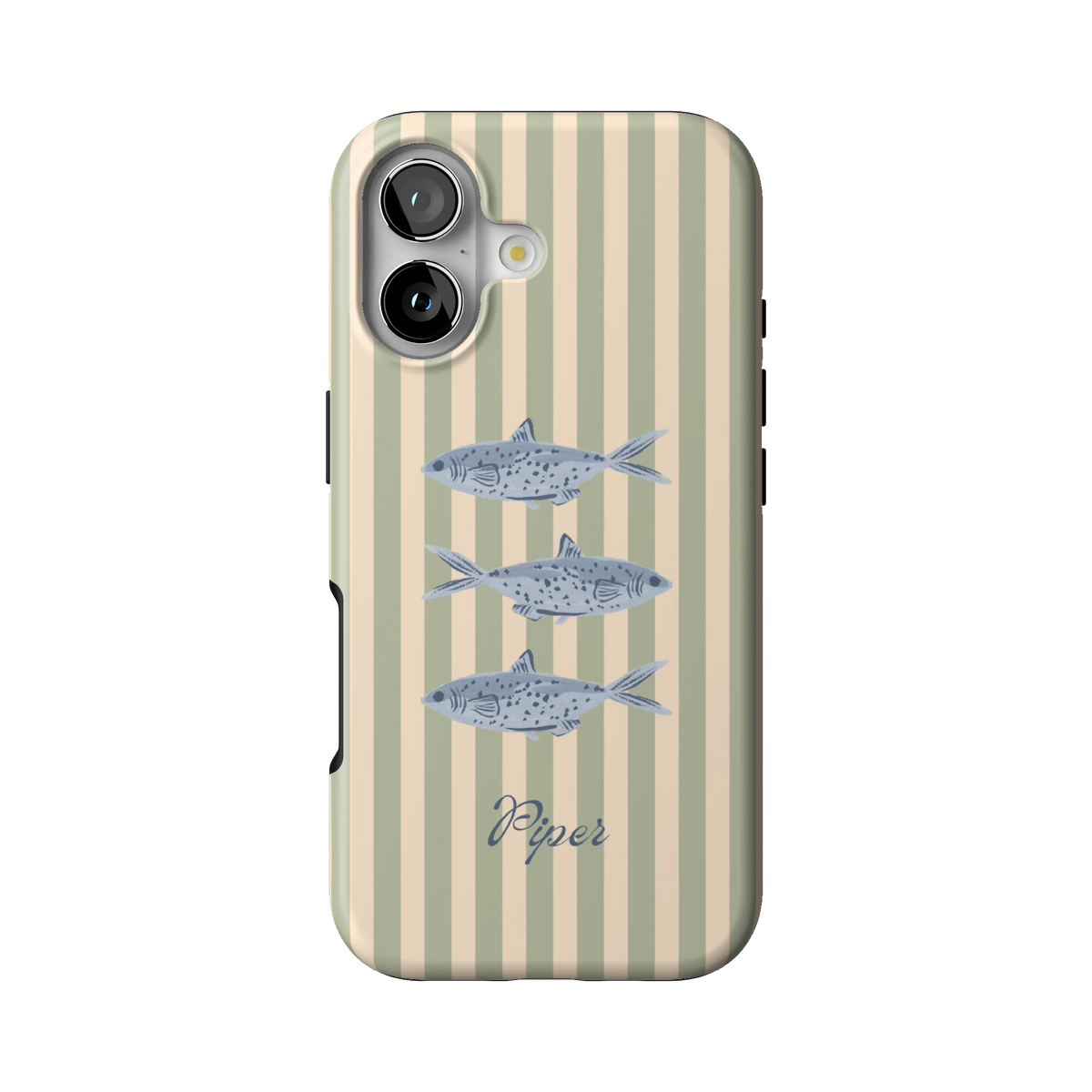 Sea Stripes Personalized case on iPhone 17, back view: blue fish on sage and cream stripes with the name Piper
