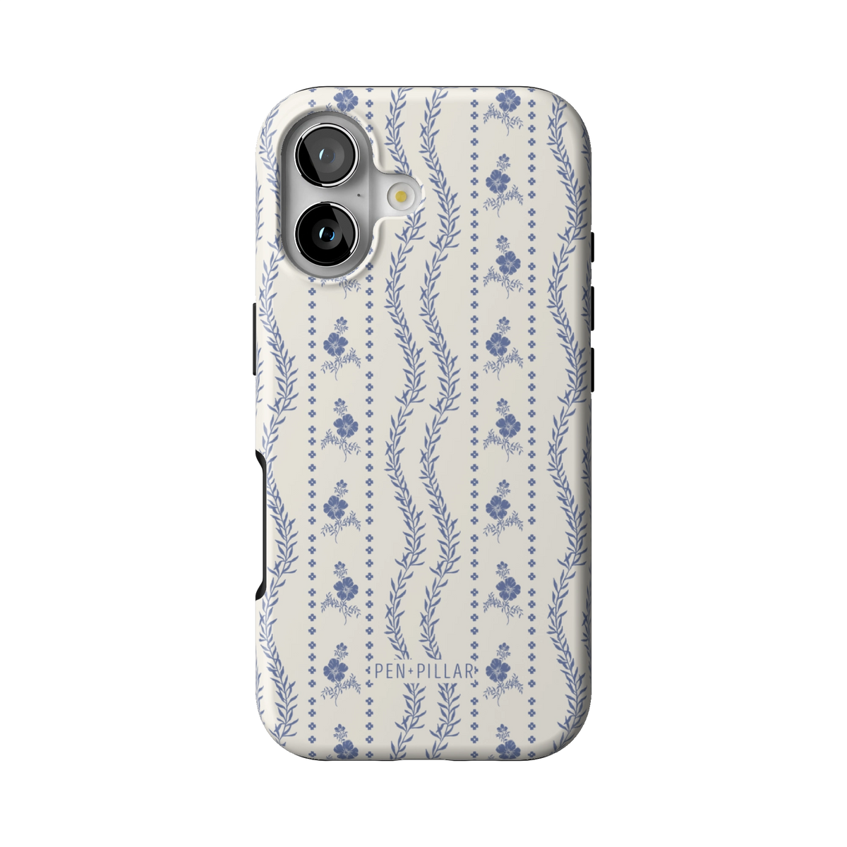 Riviera case on iPhone 17, back view: blue florals and vines in stripes on white