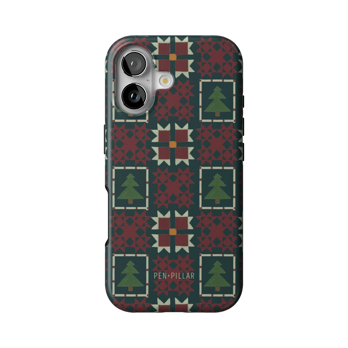 Evergreen case on iPhone 17, back view: deep green quilt blocks with red stars and small pine trees