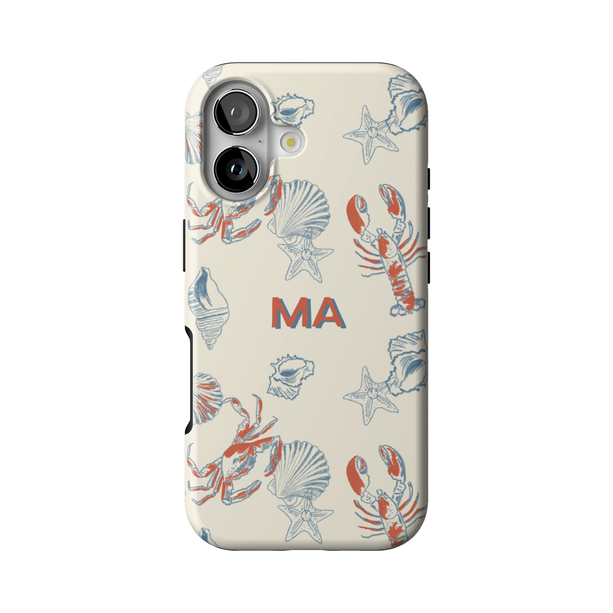 Mariner Personalized case on iPhone 17, back view: red lobsters, blue crabs and seashells on cream with the initials MA
