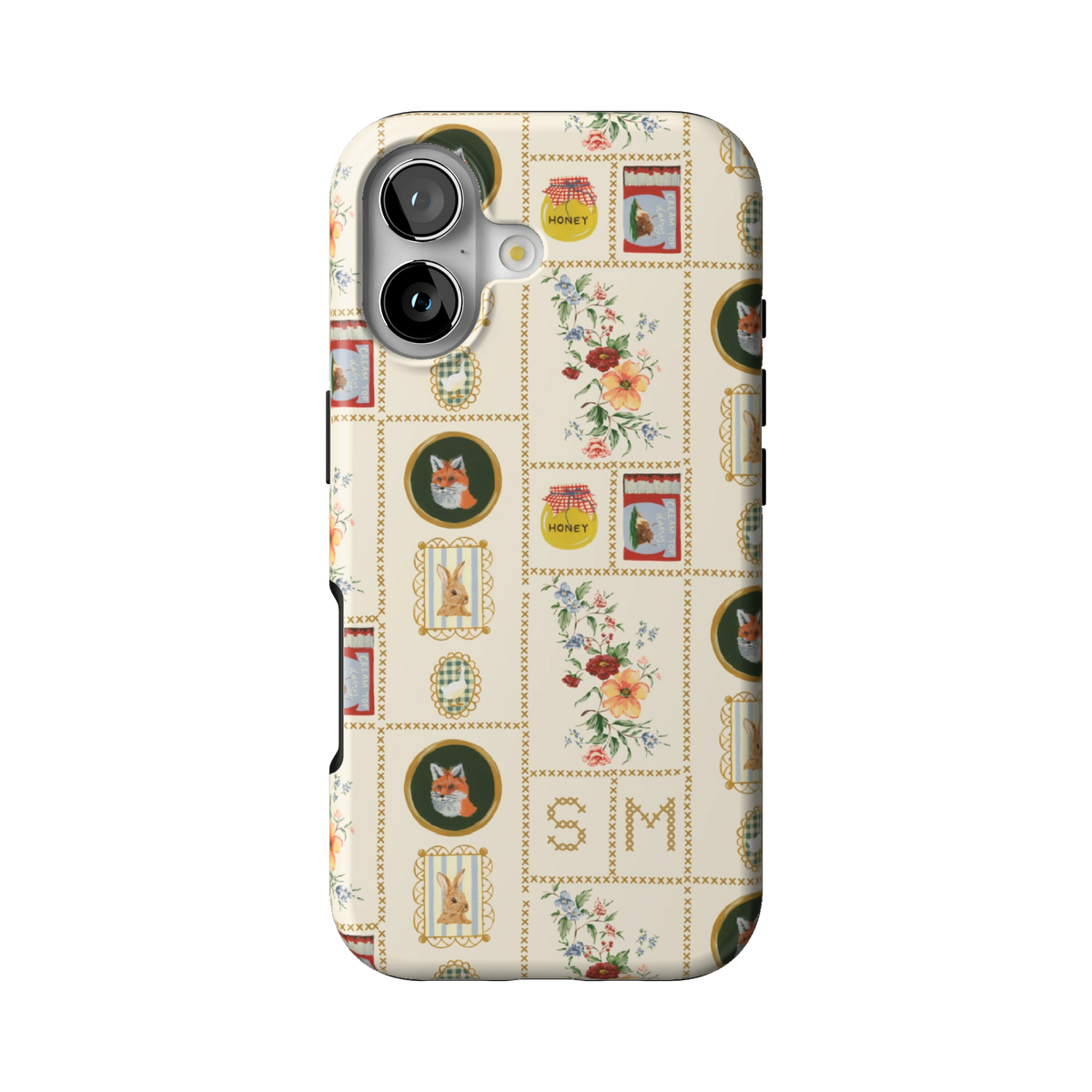 Sampler Personalized case on iPhone 17, back view: cross-stitch style squares of jars, animals and florals on cream with the initials SM