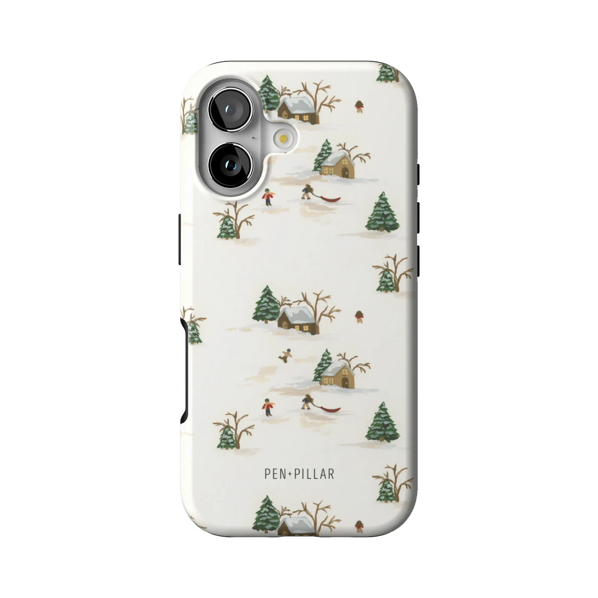 Winter Village case on iPhone 17, back view: a snowy village with cottages, sledders and evergreens