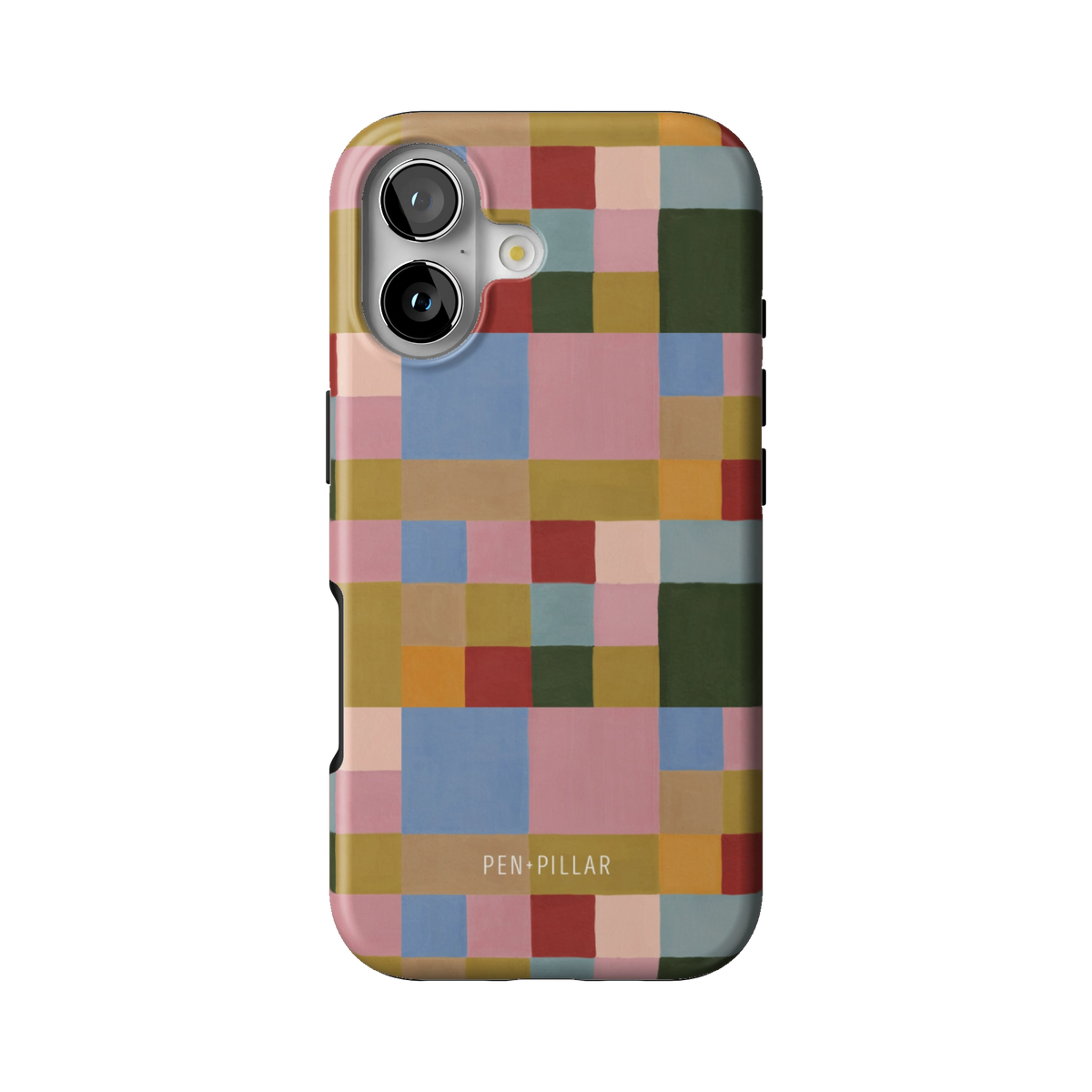 Colorblock case on iPhone 17, back view: painterly squares in blush, sky blue, mustard, rust and forest green