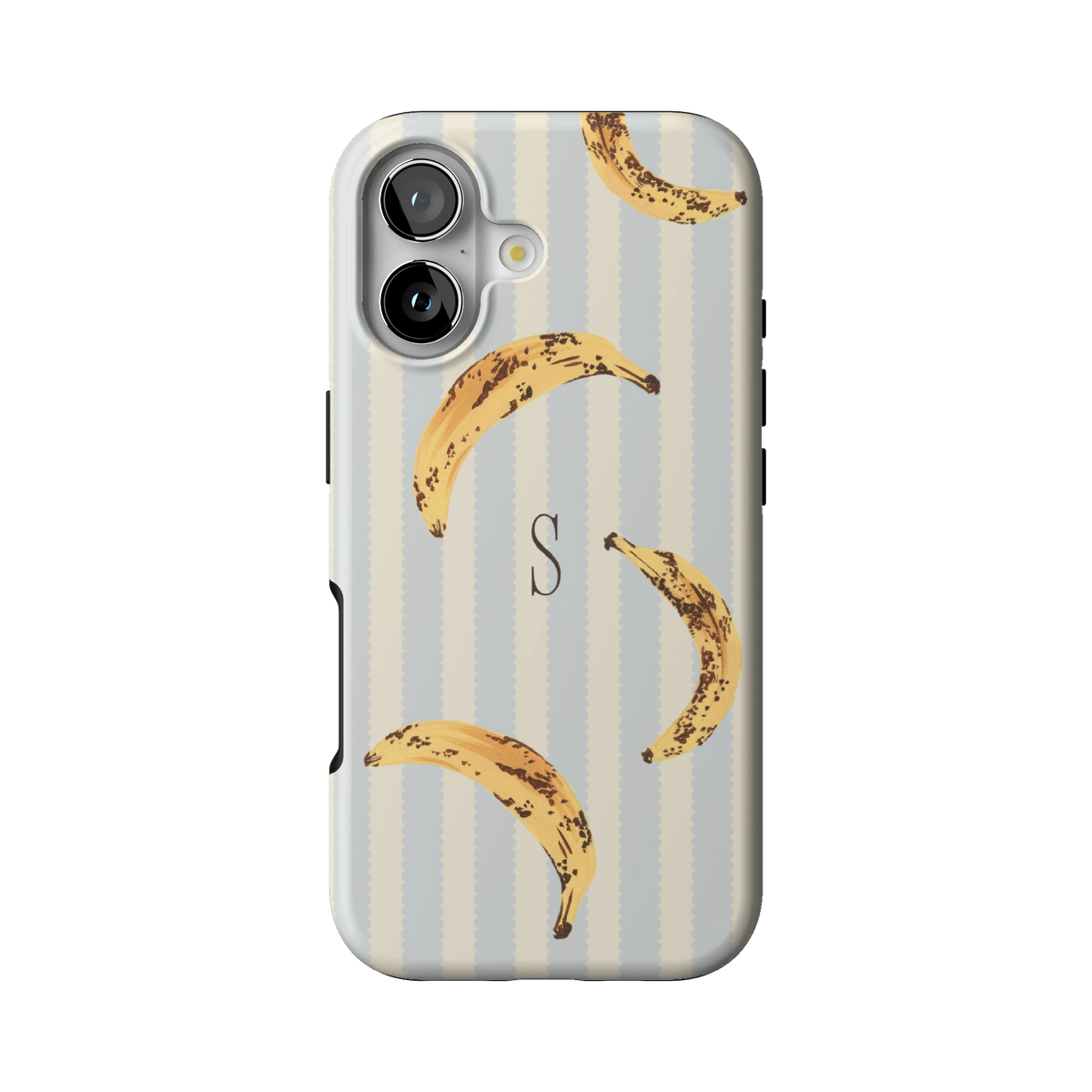 Striped Bananas Personalized case on iPhone 17, back view: ripe bananas on pale blue and cream stripes with the initial S