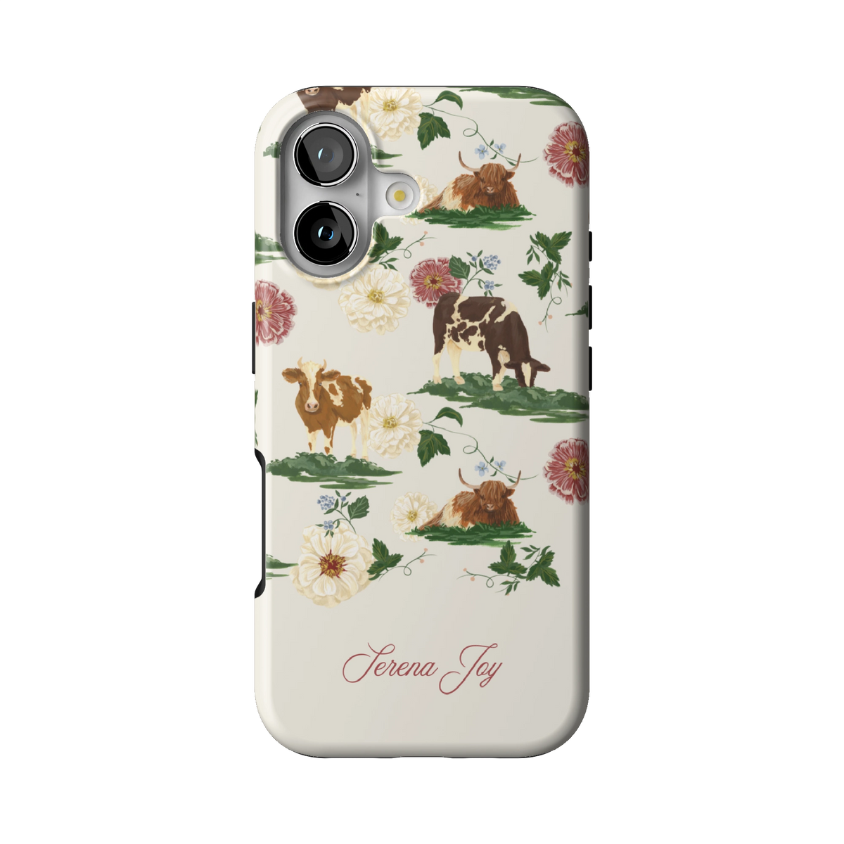 Pasture Personalized case on iPhone 17, back view: cows and dahlias in a countryside scene on cream with a name in script