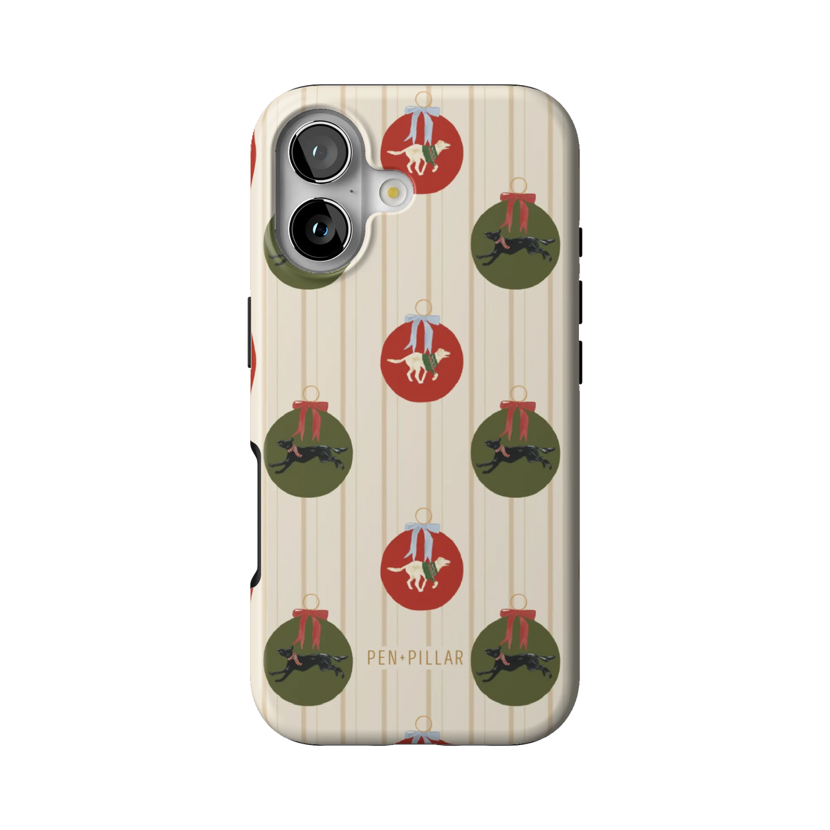 Festive Dogs case on iPhone 17, back view: red and green ornaments with leaping dogs on cream pinstripes