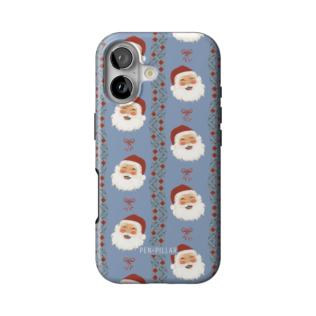 Jolly case on iPhone 17, back view: smiling Santa faces between red and green stripes on dusty blue