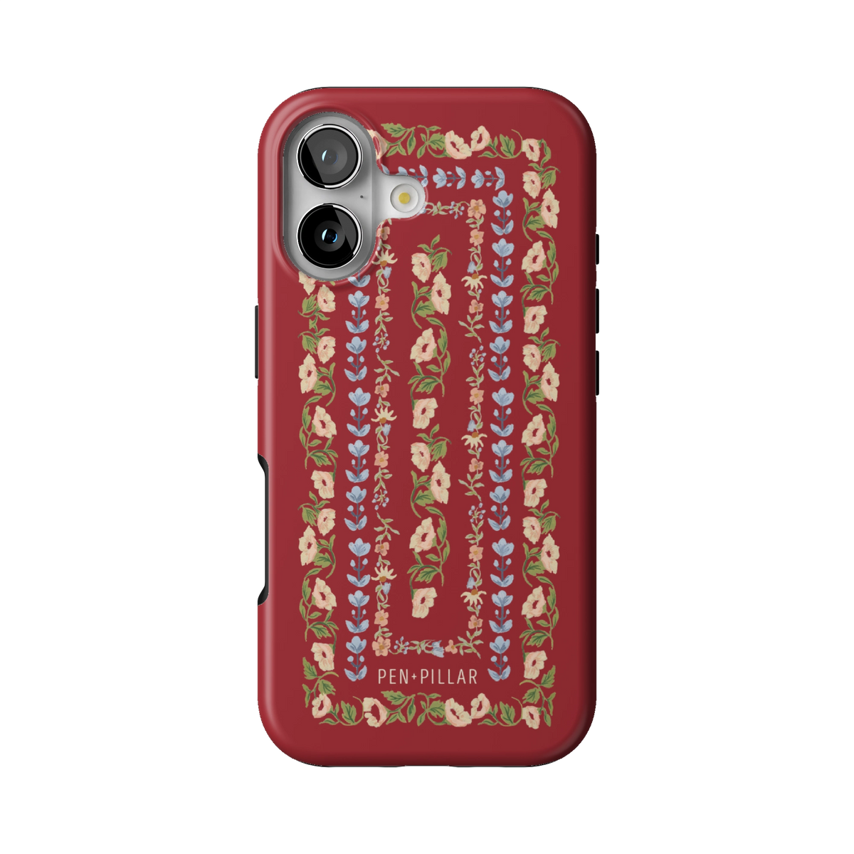 Fiona case on iPhone 17, back view: ornate floral stripes in cream, blush and blue on rich red