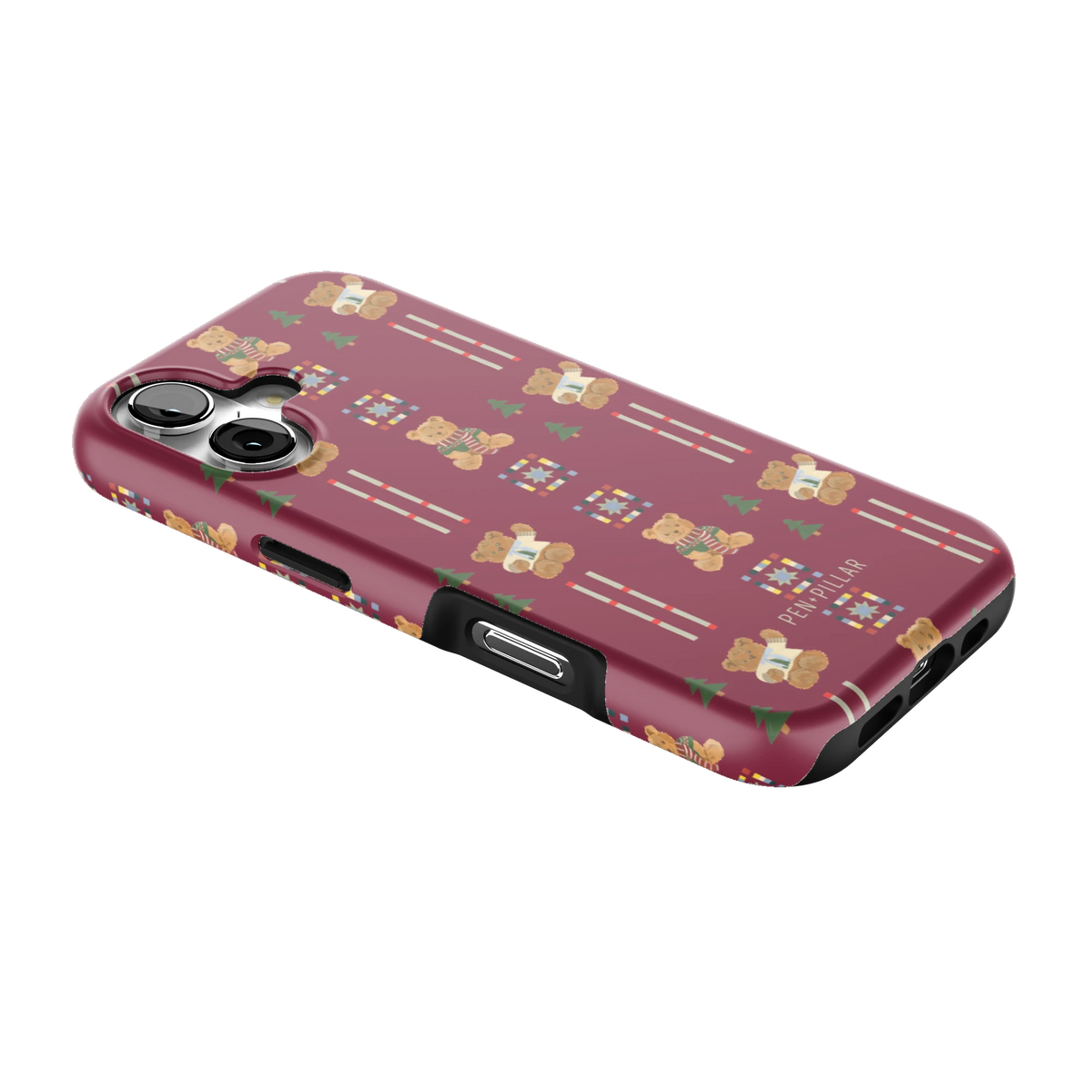 Teddy iPhone 17 case lying at an angle, showing the side buttons and print wrapping the edges