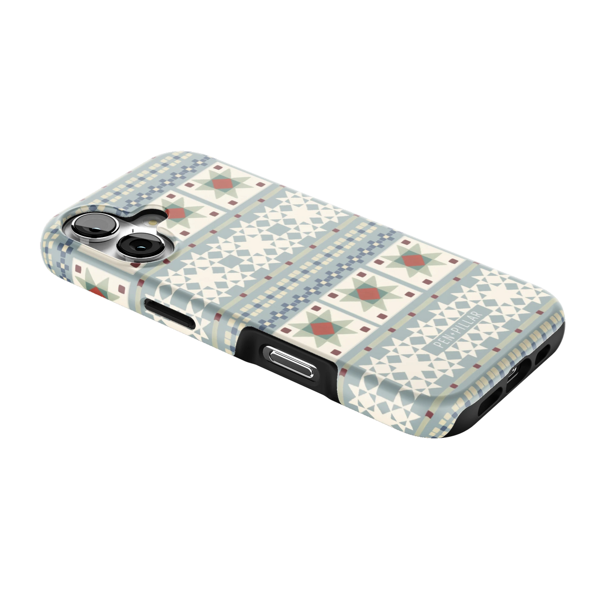 Winterberry iPhone 17 case lying at an angle, showing the side buttons and print wrapping the edges
