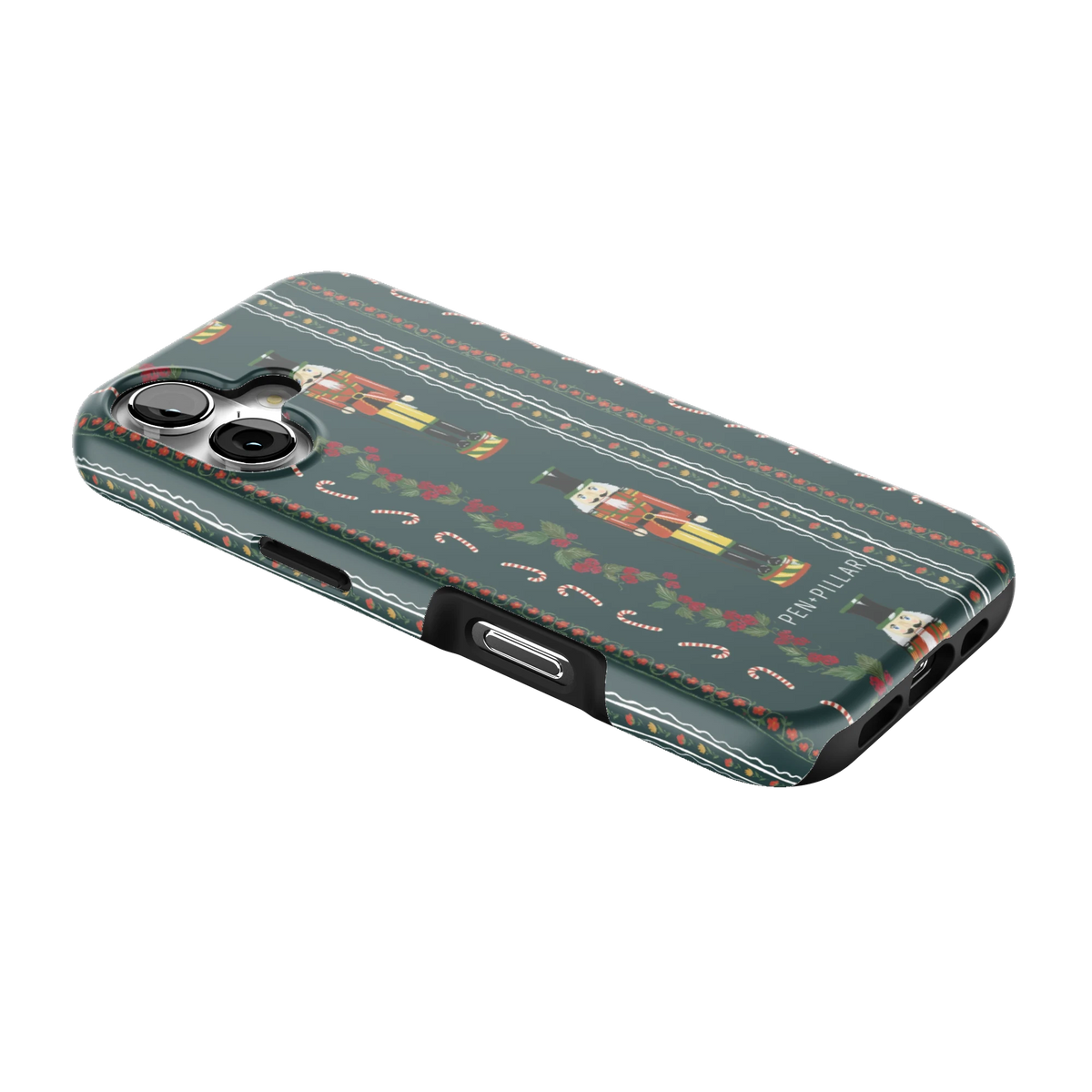 Nutcracker iPhone 17 case lying at an angle, showing the side buttons and print wrapping the edges