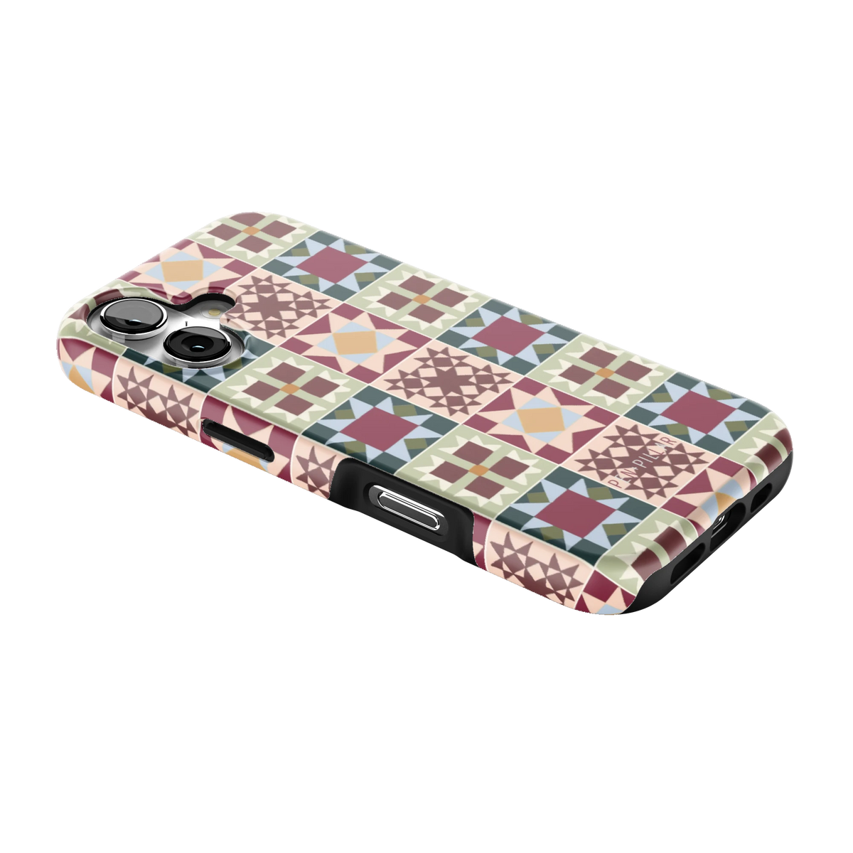 Sugarplum iPhone 17 case lying at an angle, showing the side buttons and print wrapping the edges