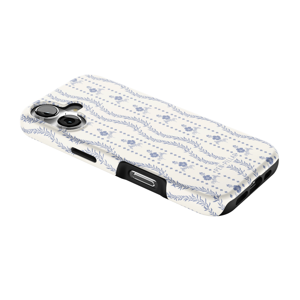 Riviera iPhone 17 case lying at an angle, showing the side buttons and print wrapping the edges