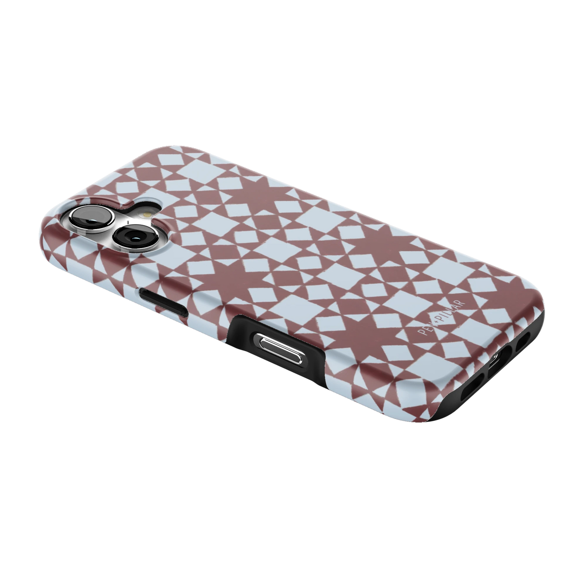 Homespun iPhone 17 case lying at an angle, showing the side buttons and print wrapping the edges