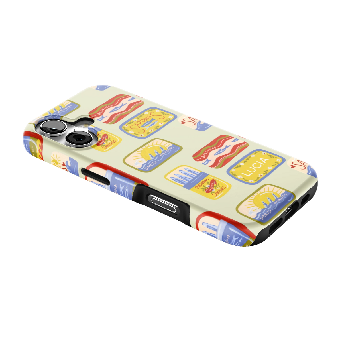 Sardines Personalized iPhone 17 case lying at an angle, showing the side buttons and print wrapping the edges