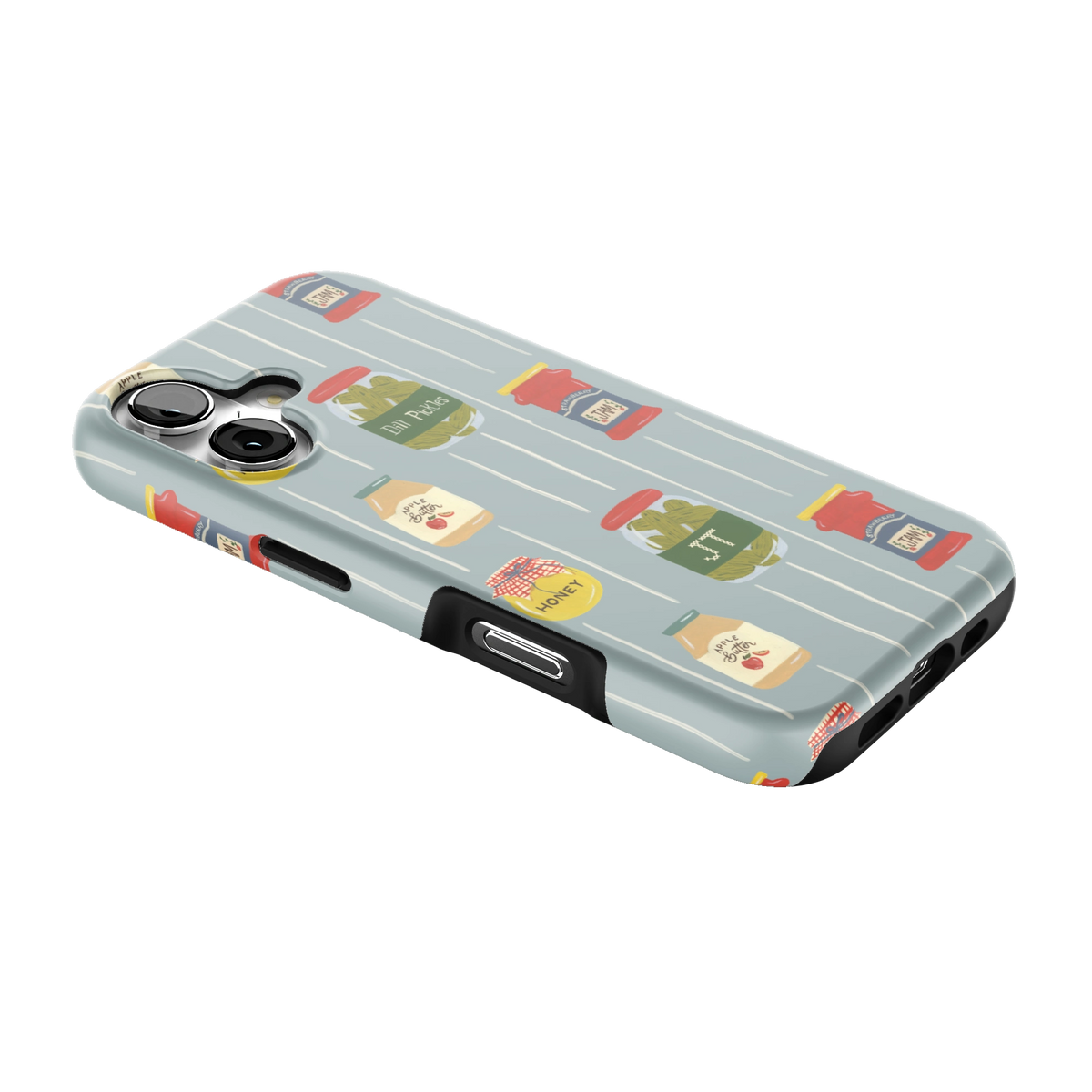 Preserves Personalized iPhone 17 case lying at an angle, showing the side buttons and print wrapping the edges
