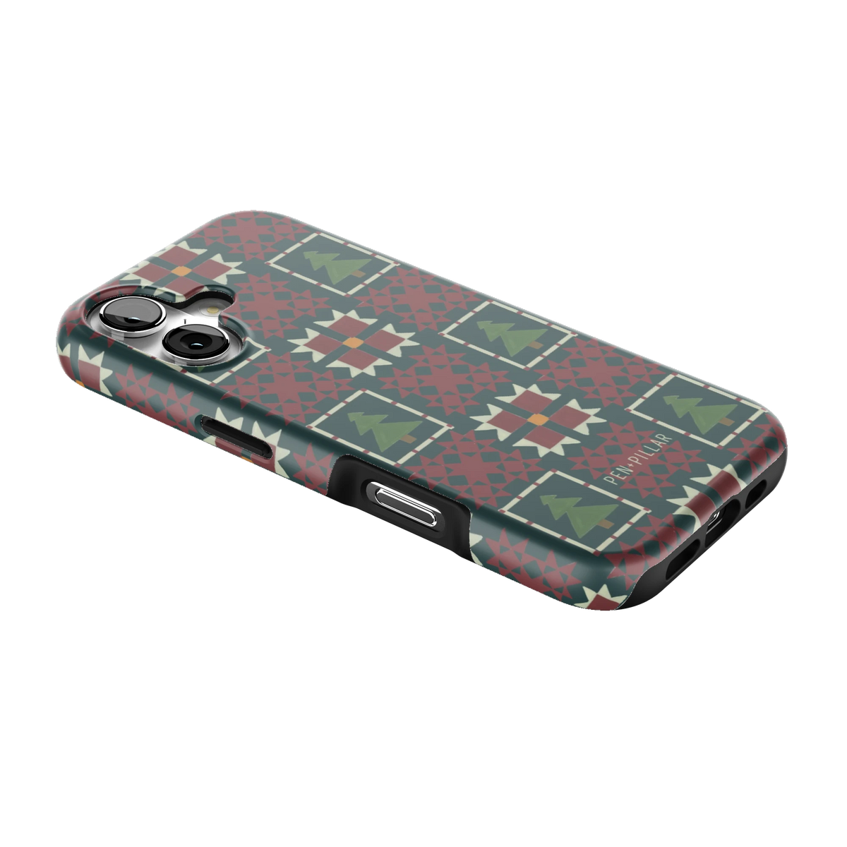 Evergreen iPhone 17 case lying at an angle, showing the side buttons and print wrapping the edges