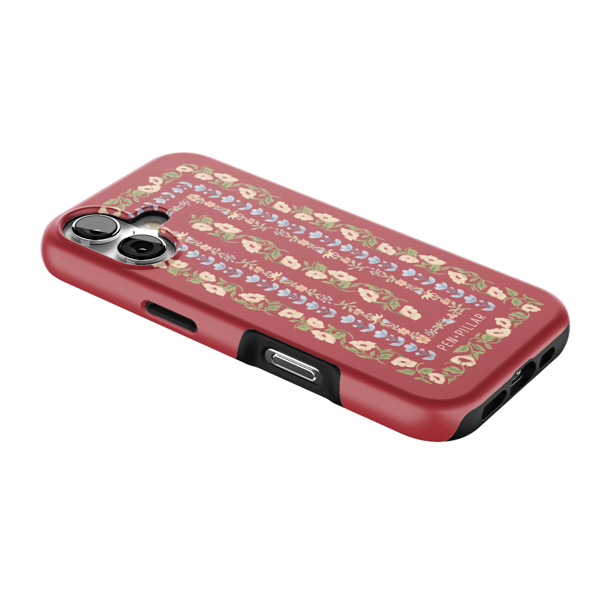 Fiona iPhone 17 case lying at an angle, showing the side buttons and print wrapping the edges